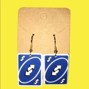 Blue uno reverse card earrings non-tarnish.